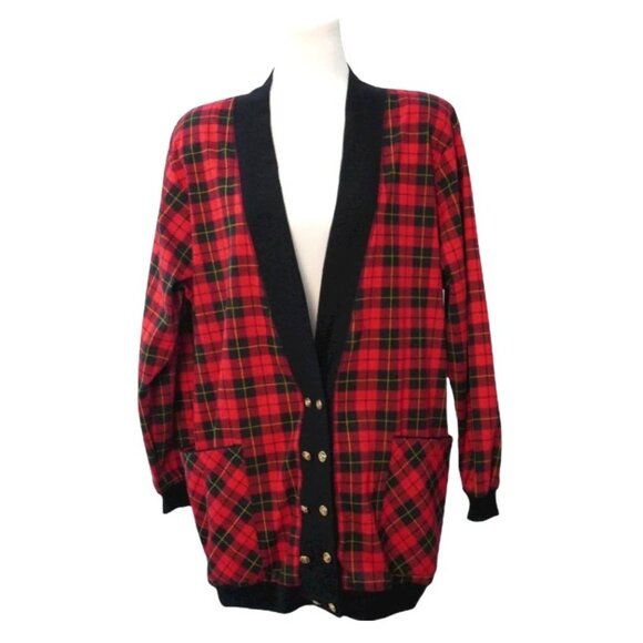 80s Brittany Nicole Plaid Power Cardie CC Gold Buttons Hip Vibe Chic Sz M Vinta - Picture 2 of 10
